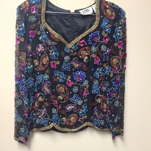 Vintage Beaded & Bedazzled LongSleeve Silk TopFair Vintage Condition - Garment
